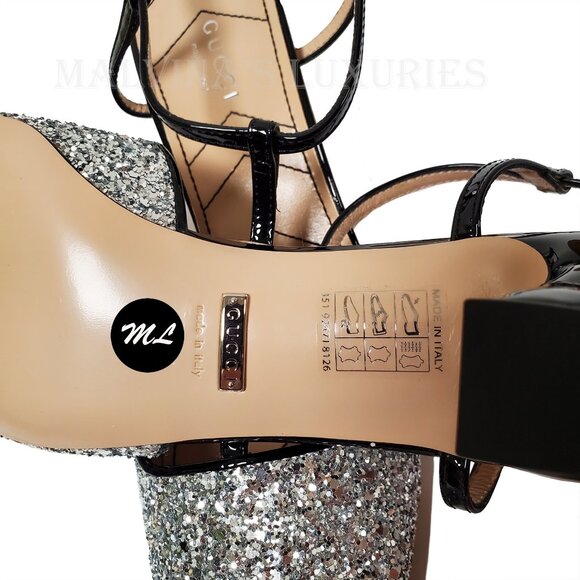 GUCCI SHOES T-STRAP SILVER GLITTER SLINGBACK PUMPS w DOUBLE G LOGO sz 37.5 7.5 - Picture 13 of 14